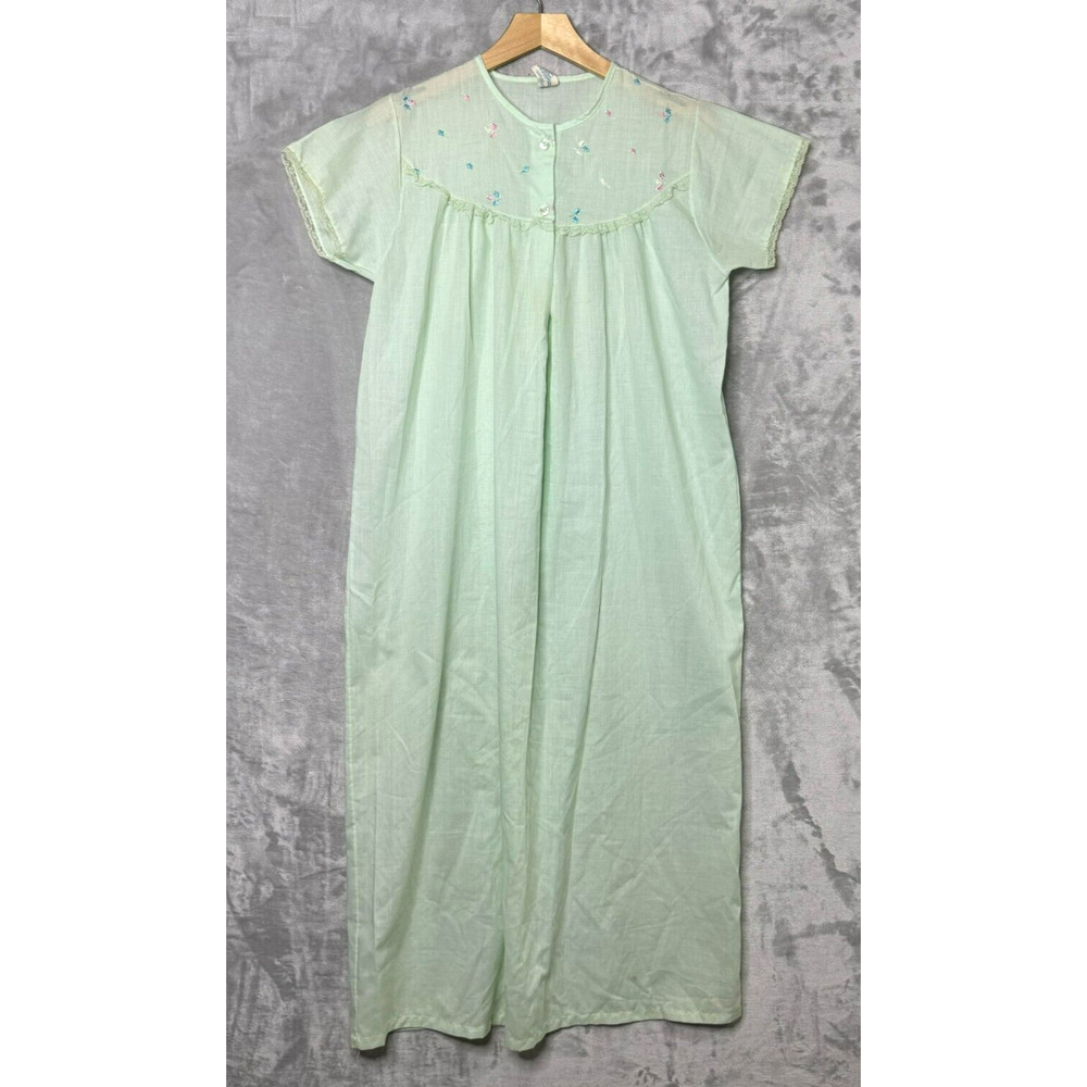 Vintage Katz Shift Gown Lingerie Green Medium Embroidered Lace Short Sleeve Midi